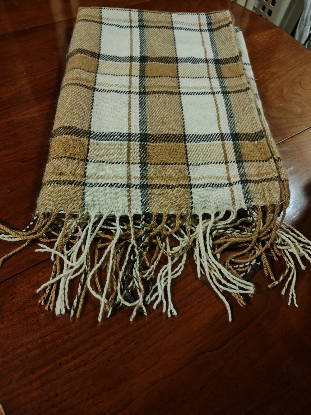 Cozy Plaid Fringe Scarf in Caramel & Cream